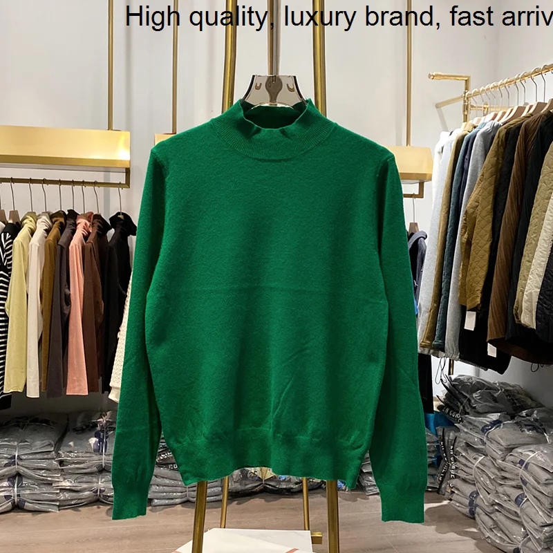 Shot】half High 【Live Collar Knitting Basic Top Women Green Sweater Korea Autumn Winter Casual Long Sleeve Pullover Jumpers Solid