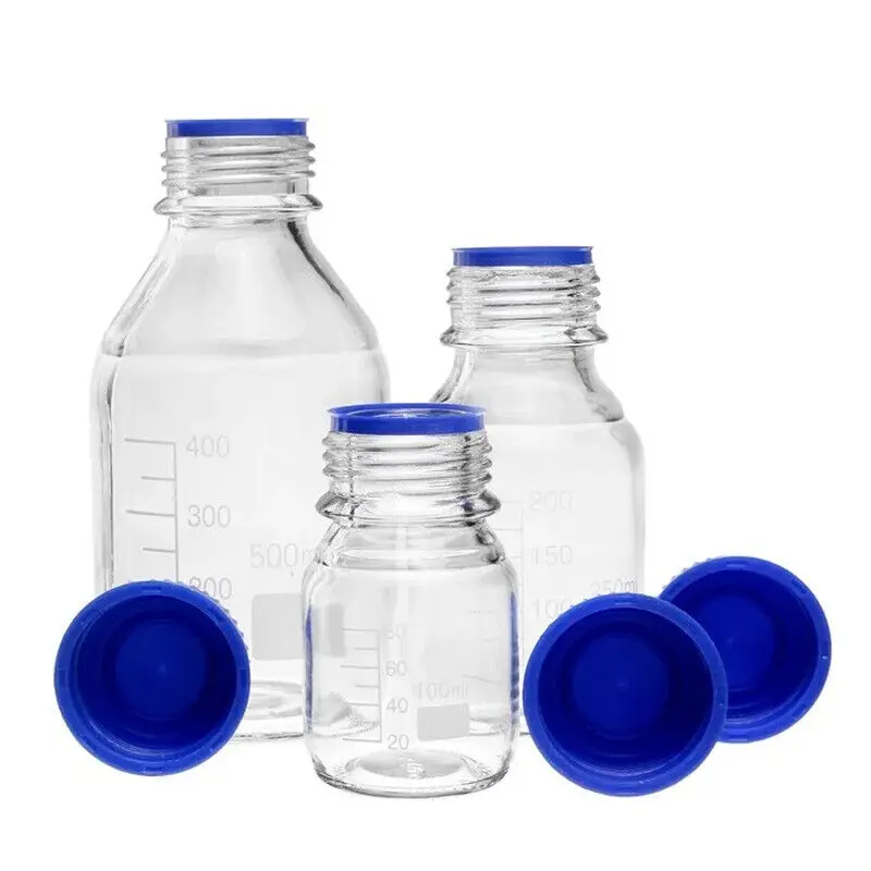 100ml 250ml 500ml 1000ml High Borosilicate 3.3 Laboratory Glass Threaded Reagent Sample Screw Blue Cap Storage Refillable Bottle
