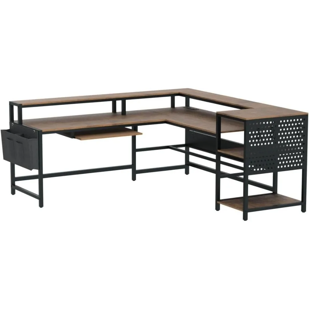 L Shaped Computer Desk, Reversible Computer Desks, L Shaped Desk with Power Outlets & LED Strip, Monitor Shelf, Keyboard