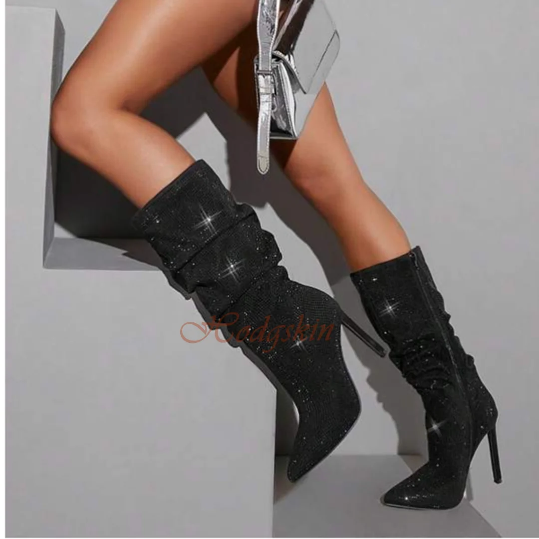 Pleated Crystal Bling Boots Mid Calf Pointed Toe Stiletto Heels Zipper Boots Women Sexy Shoes Spring Casual Party Designer Shoes