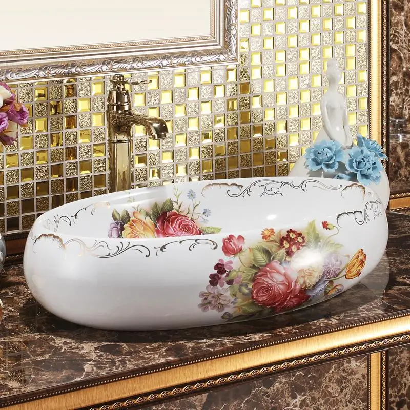 Imagem -03 - Grande Forma Oval Porcelana Banheiro Navio Pia Bacia de Cerâmica Contador Superior Lavatório Rosa Padrão Vanity Superior Pias Tamanho