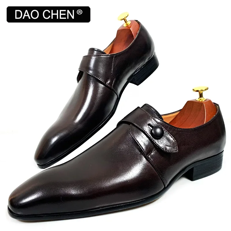 DAOCHEN MEN LEATHER SHOES BLACK COFFEE MONK STRAP LOAFERS SLIP ON LUXURY BRAND CASUAL DRESS WEDDING OFFICE SHOES FOR MEN