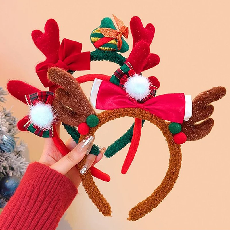 〔CC88〕Christmas Headwear Elk Bow Hair Bands Creative Quirky Antler Hairband Xmas New Year Party Dress Up Headband