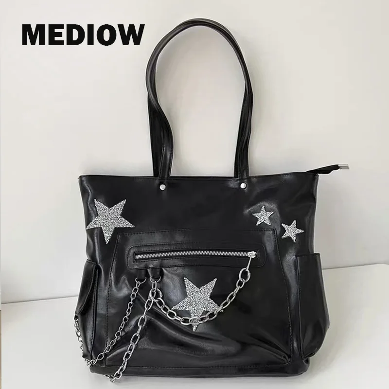 

MEDIOW Y2K Tote Bags For Women Luxury Designer Handbags Purses 2023 New In PU Oil Wax Leather Chain Star Large Capacity Shoulder