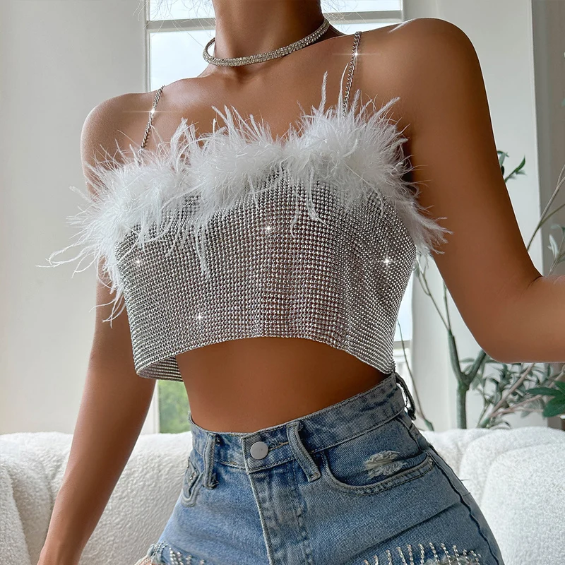 Sexy cota de malla de Metal con lentejuelas hechas a mano, decoración de plumas de diamantes de imitación, Top Halter con lentejuelas, chaleco sin espalda con lentejuelas metálicas para fiesta