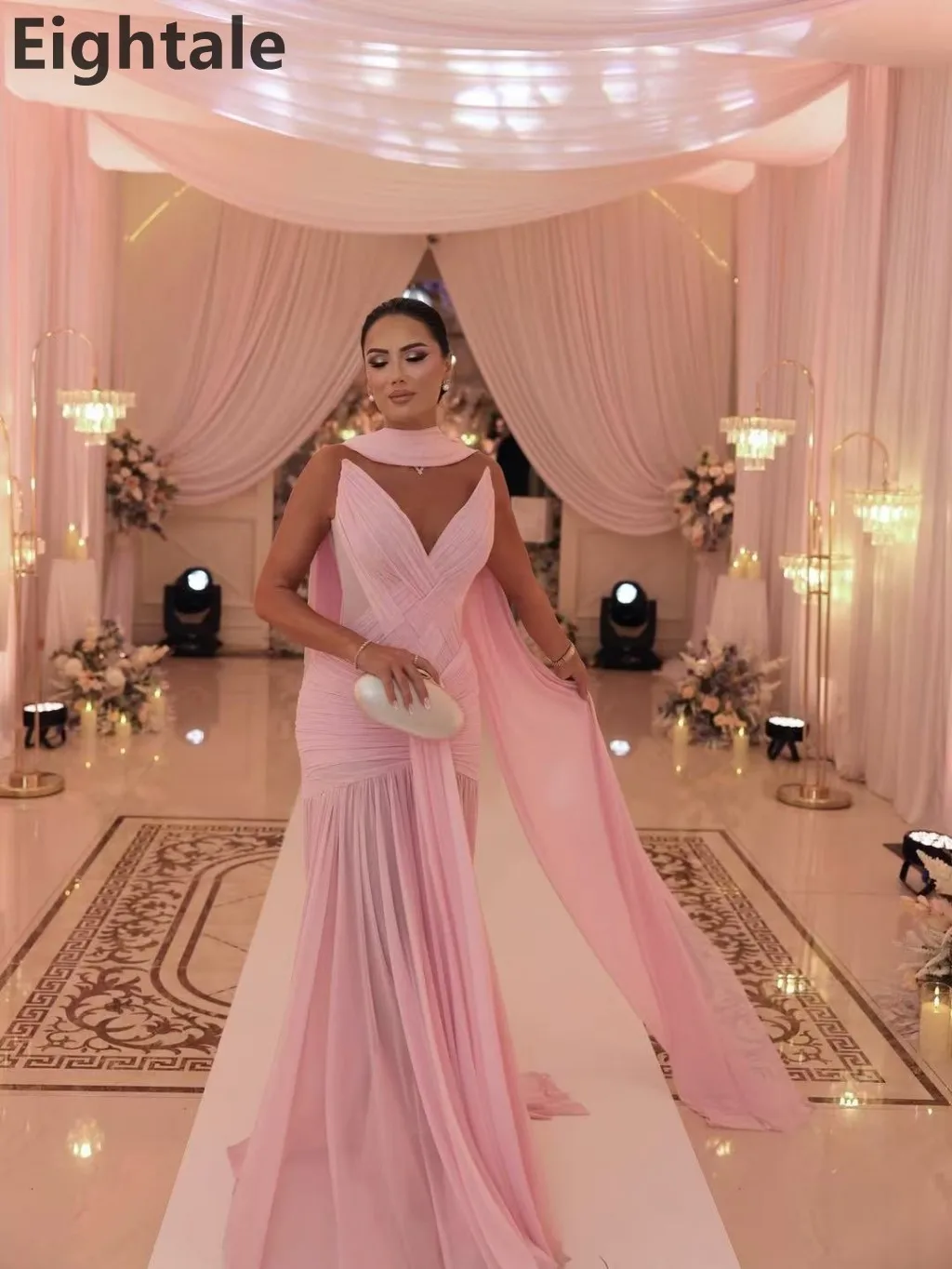 فستان سهرة طويل من الشيفون بطيات حورية البحر باللون الوردي من Eightale 2025 مع لف فستان حفلة موسيقية عربي سعودي فستان حفلة دبي مخصص #5