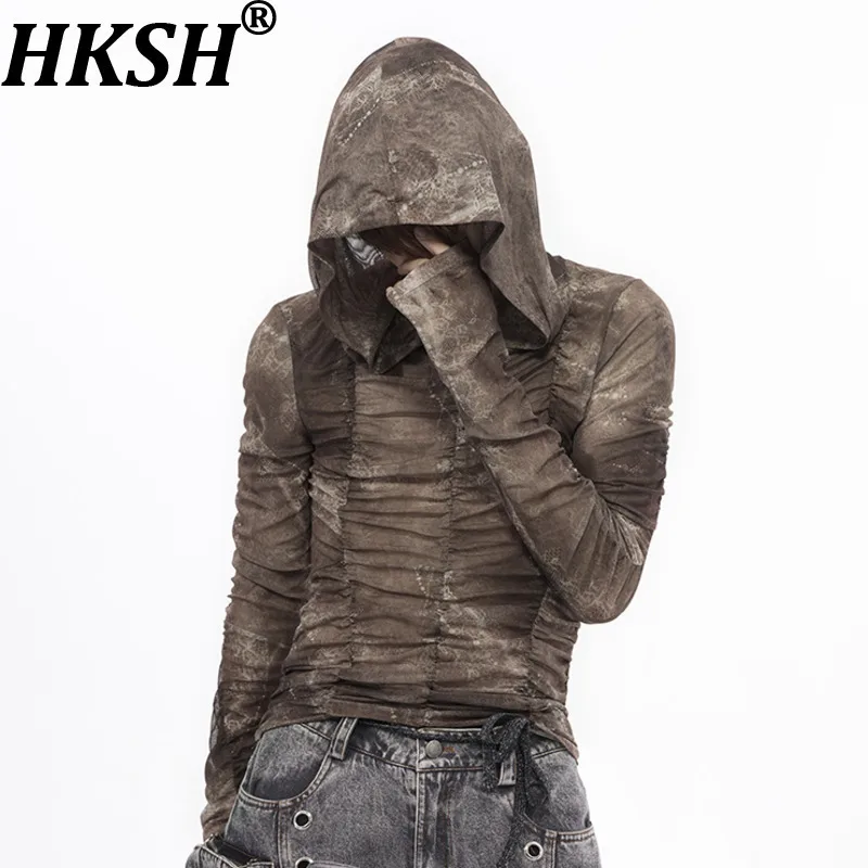 

HKSH Spring New Man Tide Niche Hooded Long Sleeve Mesh T-shirts Printed Pleated Inner Layer Punk Ice Silk Base Sweatshirt HK8486