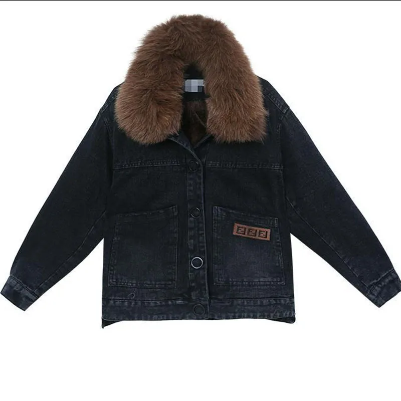 

Fleece Denim Women's 2023 Autumn And Winter New Warm Short Cotton Clothes Korean Version Loose Plus Size Fur Collar Top