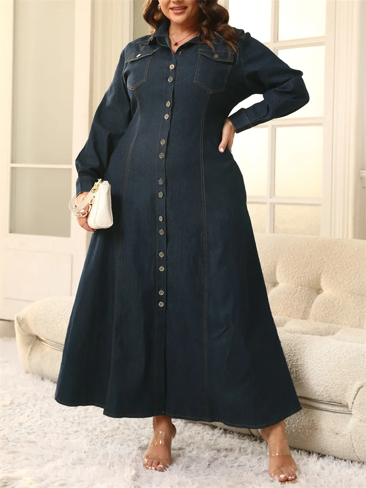 Wmstar-Robe Longue en Denim pour Femme, Grande Taille, lèvent, Couleur Unie, Mode Élégante, Maxi, Vêtements d'Automne et d'Hiver, Vente en Gros, Livraison Directe