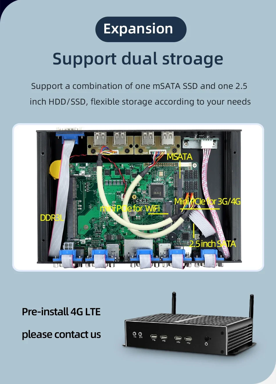 Mini PC industriel sans ventilateur, 8USB, 2x GbE LAN, 6x COM, RS232, RS422, RS485, 4G Permanence, WiFi, Windows 11, Linux, J6412, 2955U, I3, 8345U, I5, 10210U