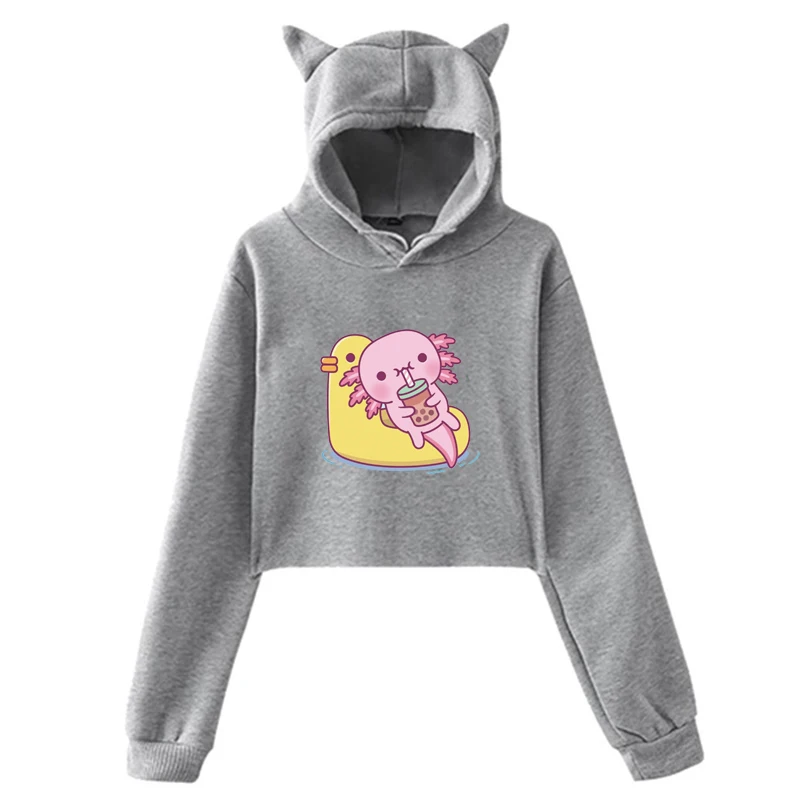 Cute Axolotl Boba Tea Graphic Printed Hoodie Women Fashion Kawaii Cropped Cat Ear Pullover Casual Long Sleeve Y2k Sweatshirt