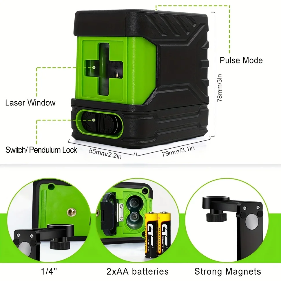 CLUBIONA Green Beam 2 Lines Laser Level Horizontal & Vertical Cross-Line Self-leveling DIY Laser Measuring Tool