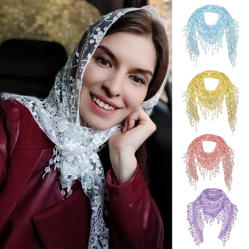 Women Lace Triangle Scarf Solid Tassel Triangle Bandage Bohemian Floral Scarves Shawl Sheer Floral Prin Accessories