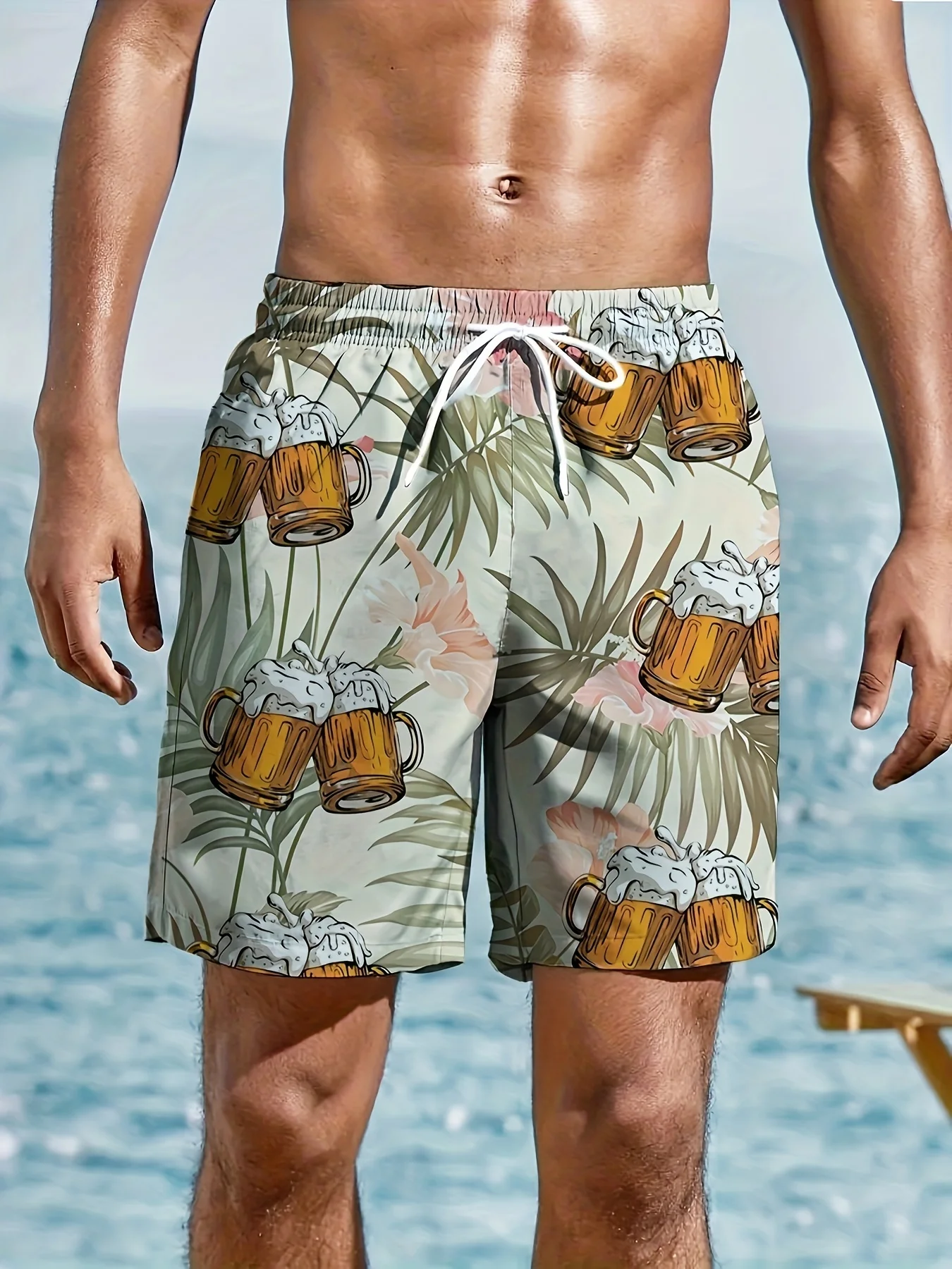 

Mens Beer Mug Tropical Leaf Print Quick Dry Board Shorts Elastic Drawstring Swim Trunks Summer Beach Casual Outfit