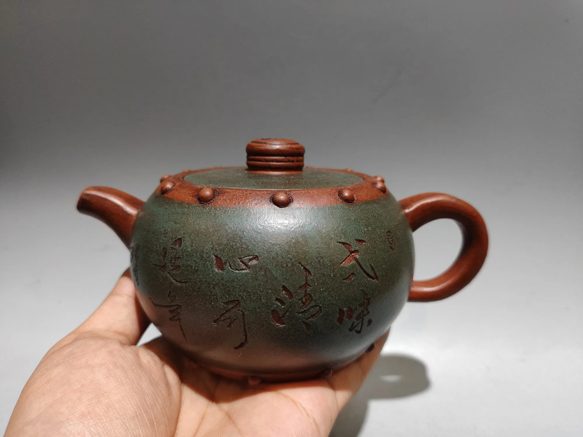 

7"Chinese Yixing Purple Clay Pot Two tone round drum pot Kettle Teapot Flagon Gather fortune Ornaments Town house