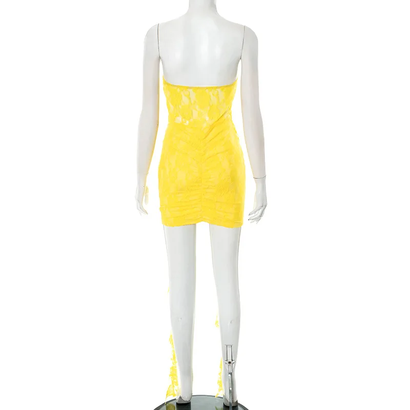 Sukienka dla kobiet koronkowa wzburzona seksowna Mini sukienka damska lato Off-shoulder Backless bez rękawów drapowana Ruched klub plażowy długie sukienki