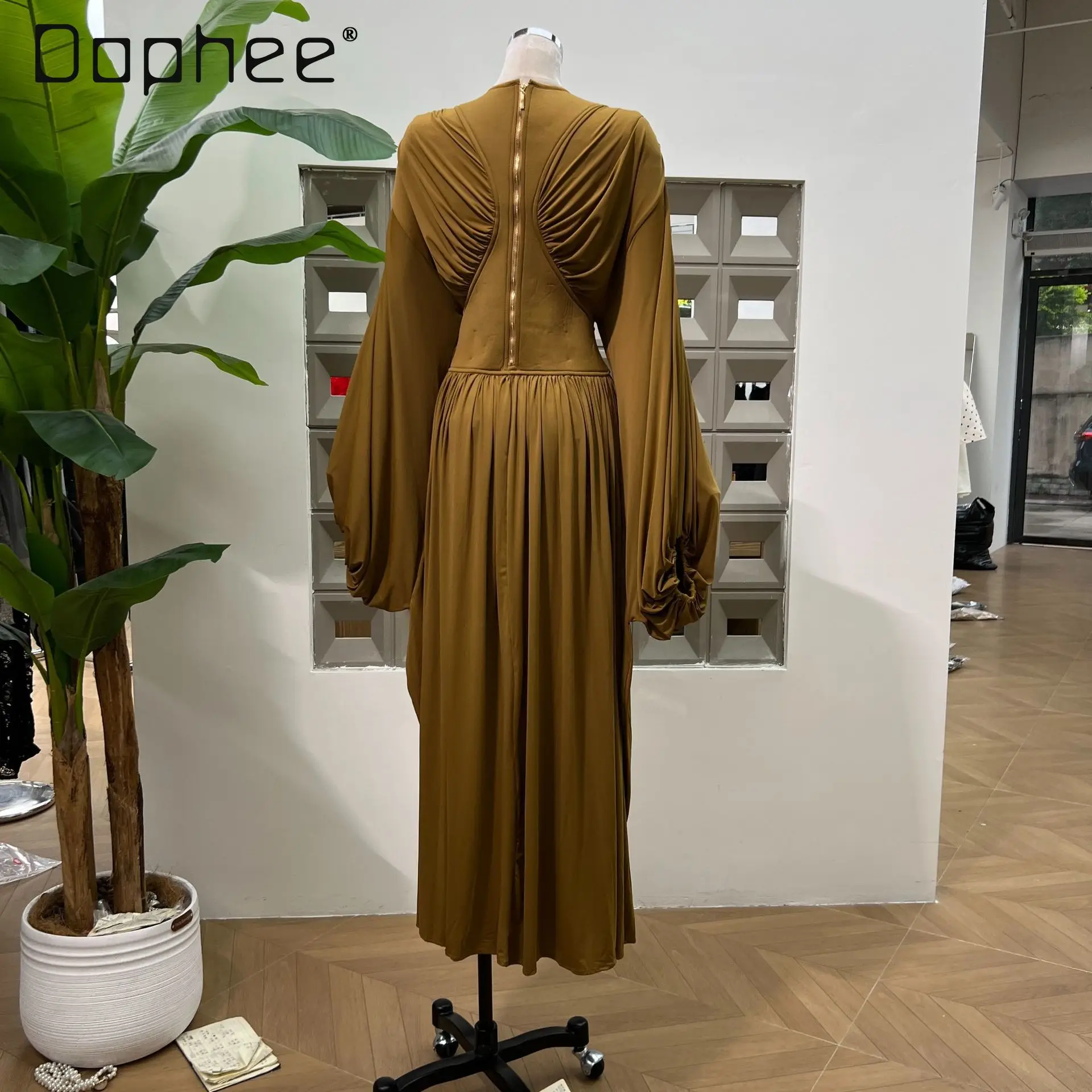 European American Women Clothing Fashion Bat Long-sleeved High-waisted Dress High-end Elegant Mid-length Dress Evening Dresses