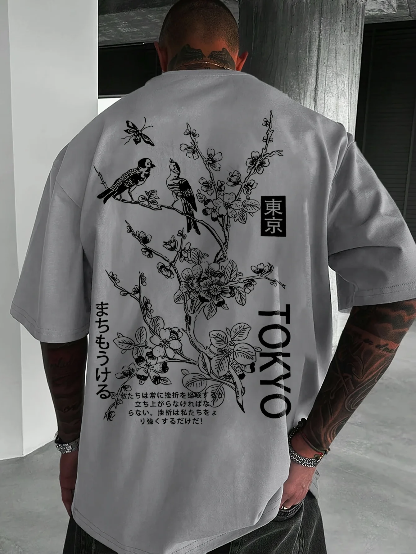 Men's summer 100% pure cotton fashionable casual sports loose flower and bird pattern printed round neck short sleeved T-shirt