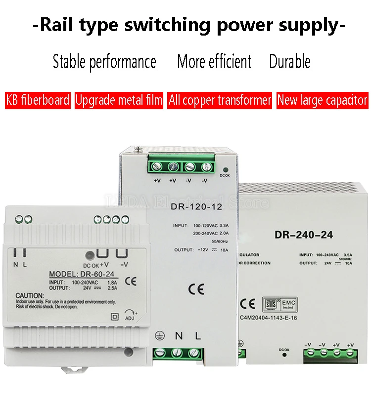 

1Pcs DR-30 DR-60-24V DR-75 DR-120 DR-240 Rail Type Switching Power Supply 75W 120W 24V 5A Rail Clamping DC Transformer AC to DC