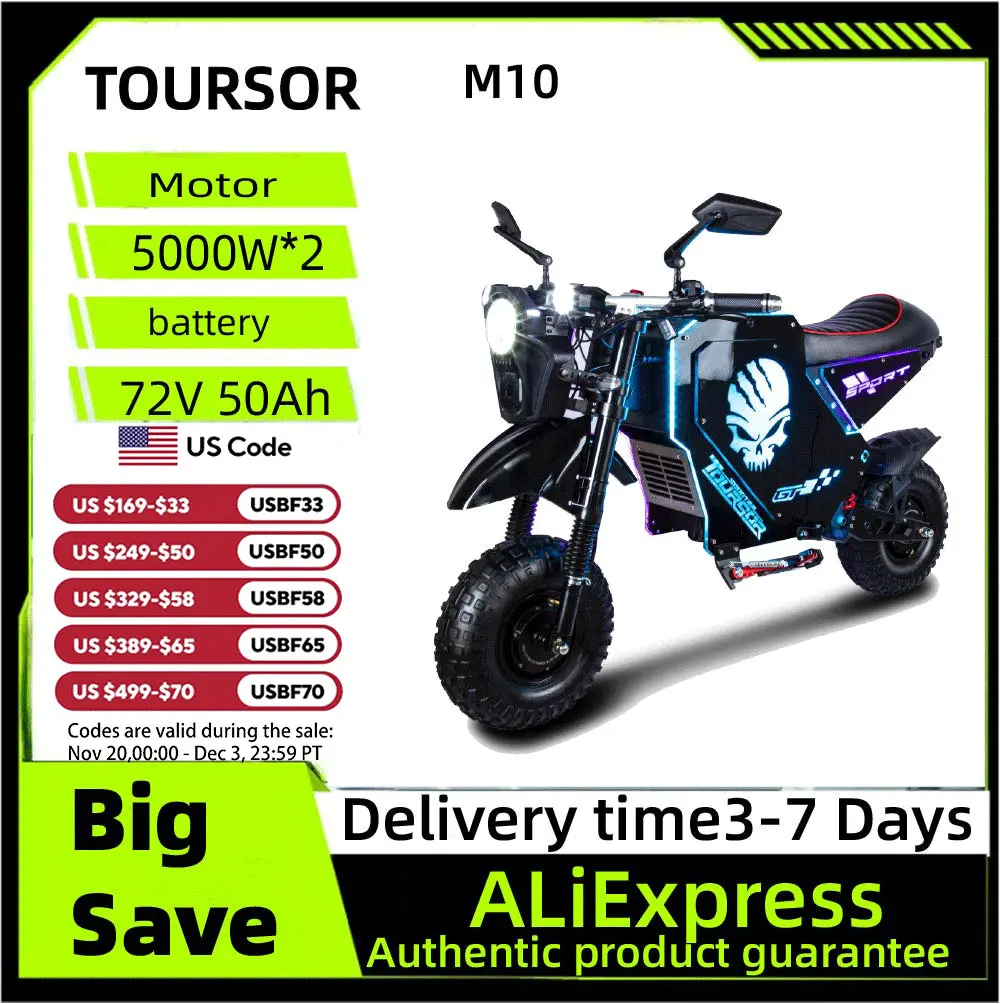 

TOURSOR M10 Electric Bicycle 5000W*2 Dual Motor 72V50AH Battery Electric Bike 14 Inch Off-road Tire Electric Motorcycle