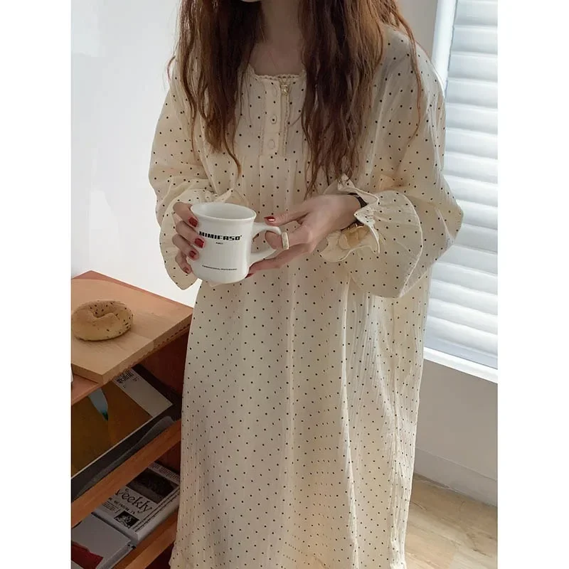 Polka Dot Sleepwear Women Nightgown Korean Ruffles Night Dress Spring One Piece Pajamas Long Sleeve O-neck Home Wear 2024 New