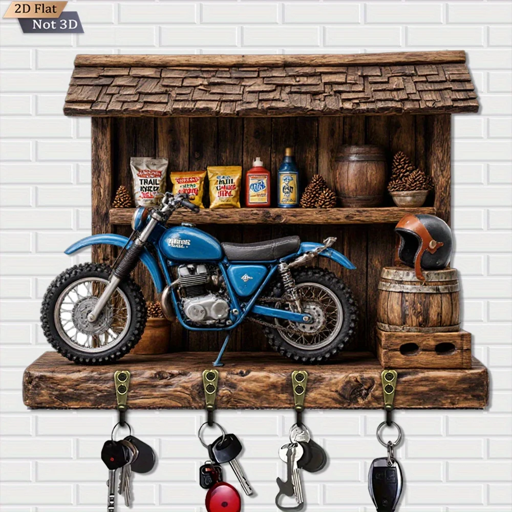 . 2D Flat. 1pc, Vintage Motorcycle Display Stand, Wooden Multifunctional Home Key Holder, with Four Metal Hooks, Suitable for