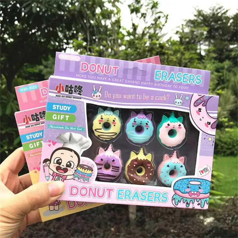 Borrador de goma con forma de donut Kawaii, borradores de lápiz creativos, suministros escolares, papelería, premios geniales para niños y estudiantes, 6 uds.