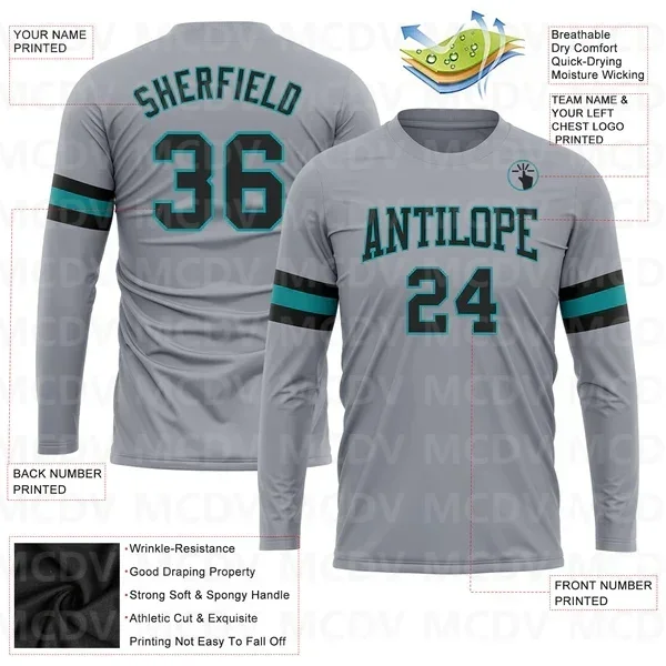 

Custom Gray Black-Aqua Long Sleeve Performance T-Shirt 3D Printed Long Sleeve T-Shirt