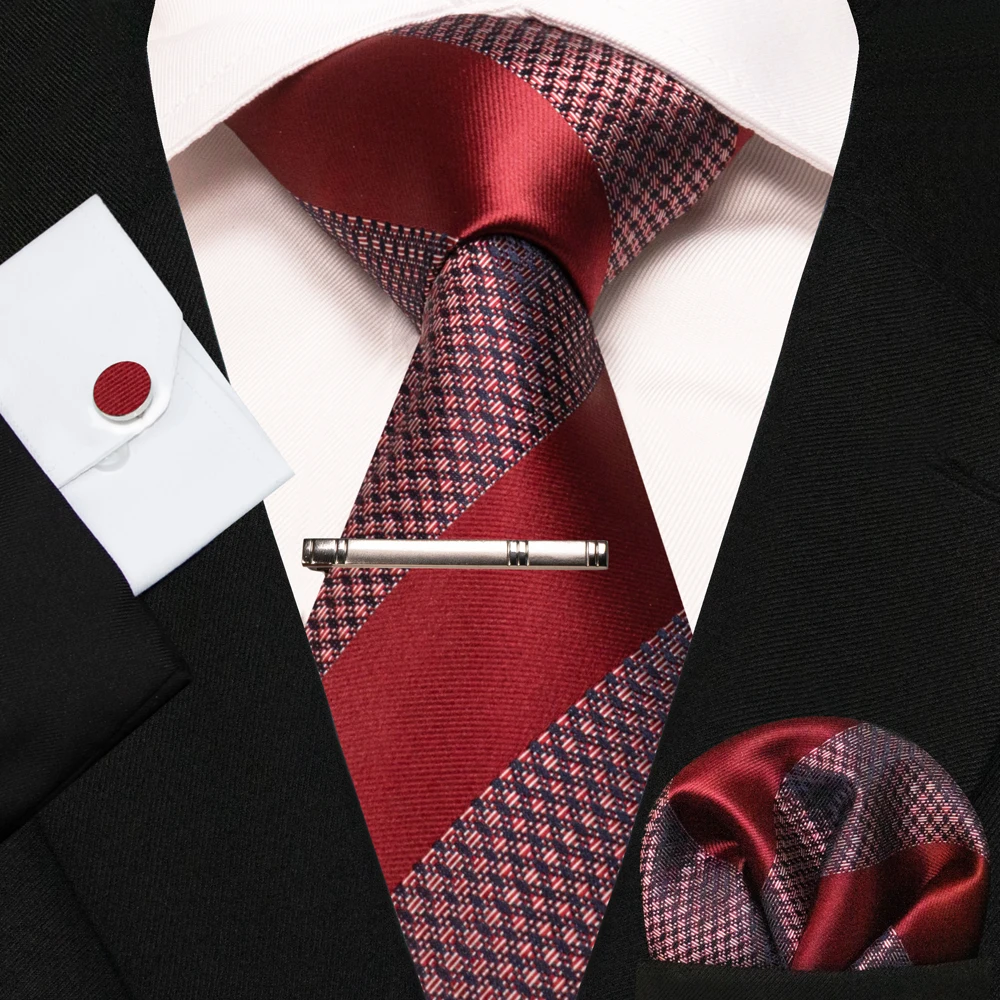 KAMBERFT Neue Klassische Seidenkrawatte für Herren Rot-Gold Gestreift Herrenkrawatte Taschentuch Manschettenknöpfe Set Hochzeit Business Party Gravatas – Detail 35