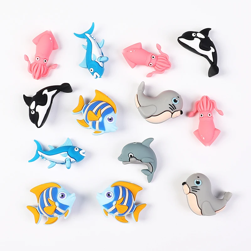 6Pcs Marine Animals 3D Silicone Beads Seals Dolphins Killer Whales Squid Focal Beads For DIY KeyChains Bracelets Jewelry Making