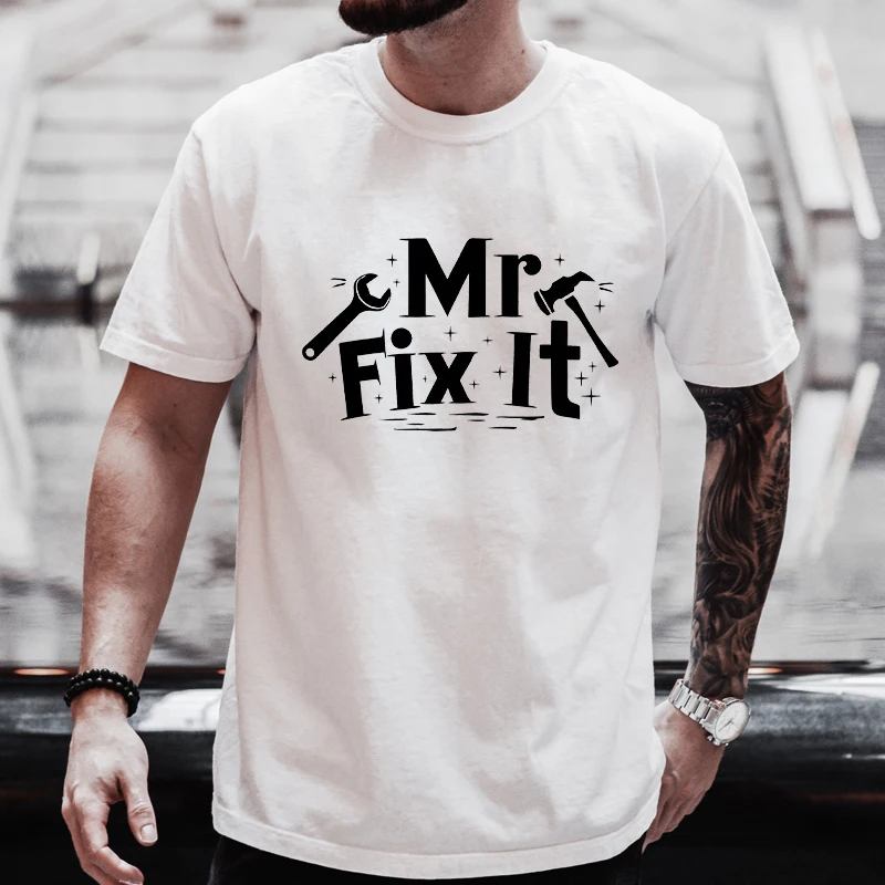 Sr. Camiseta Fix It para hombre, camiseta con gráfico de llave inglesa, camiseta informal urbana de manga corta con cuello redondo, regalo genial para el Día del Padre