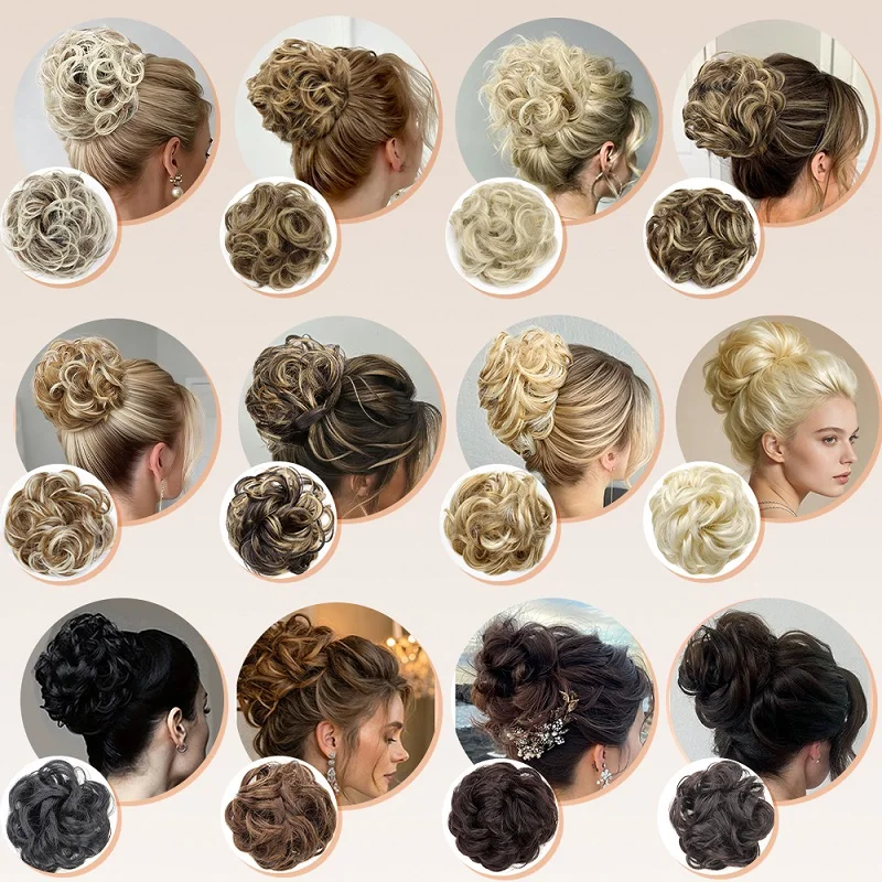 Extensiones de cabello sintético elegantes y ligeras tipo moño despeinado para mujer, moños voluminosos con ondas, fibra resistente al calor para uso diario 3