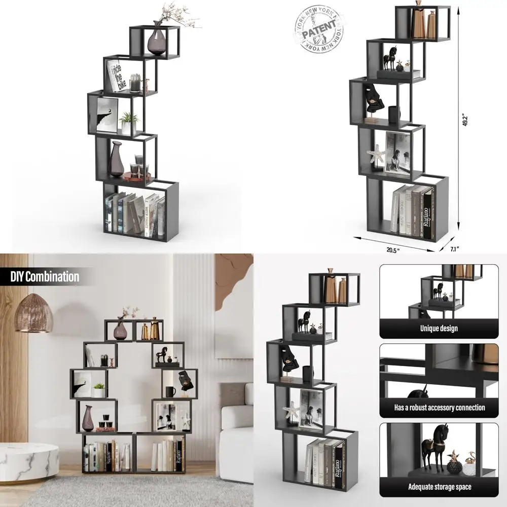

Modern 5-Tier Black Metal Bookshelf - Stylish Storage and Display Shelf for Books, CDs, Collectibles, and More