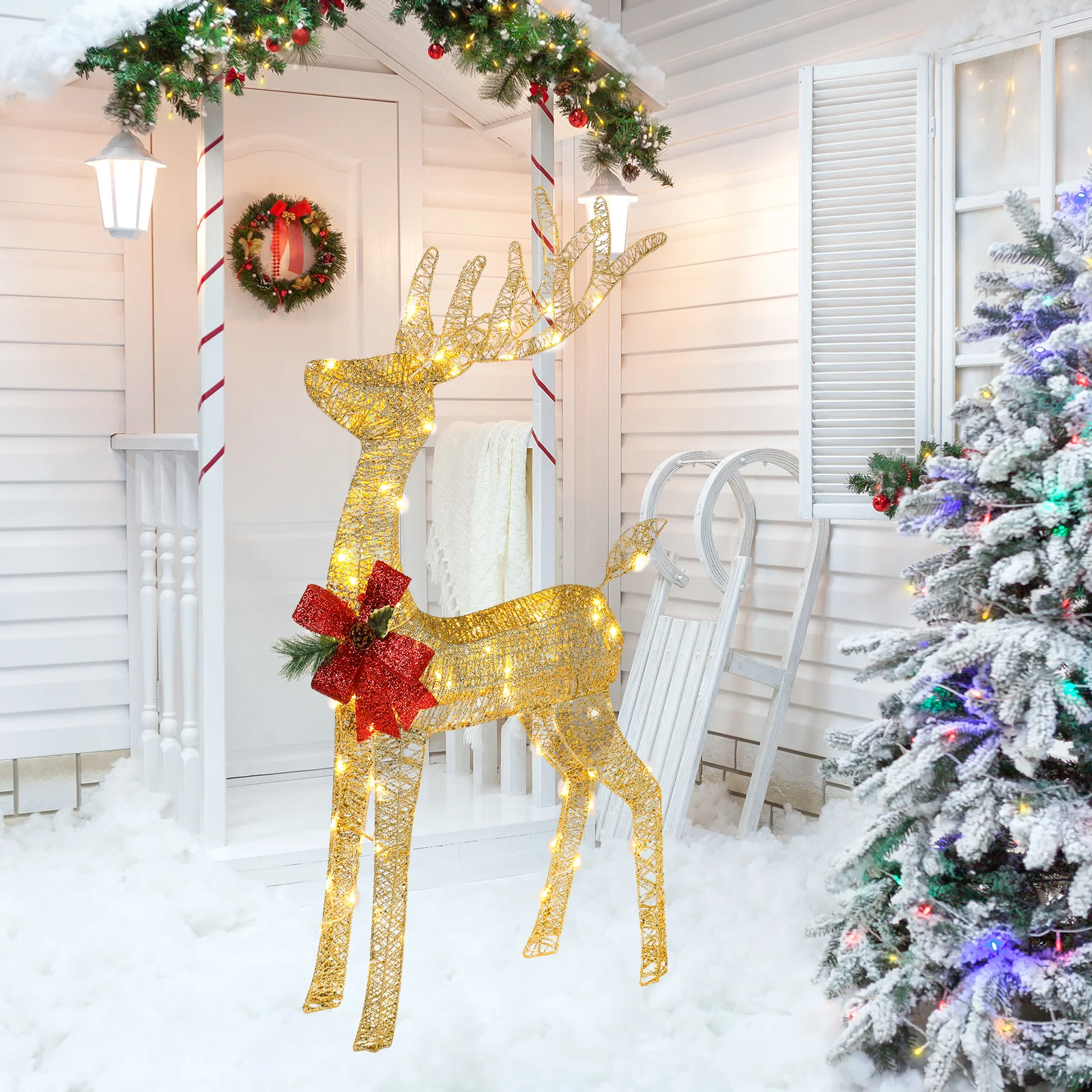 Lighted Christmas Reindeer Outdoor Decorations, Weather Proof 4ft Santa's Sleigh Reindeer Christmas Ornament Indoor Home Decor