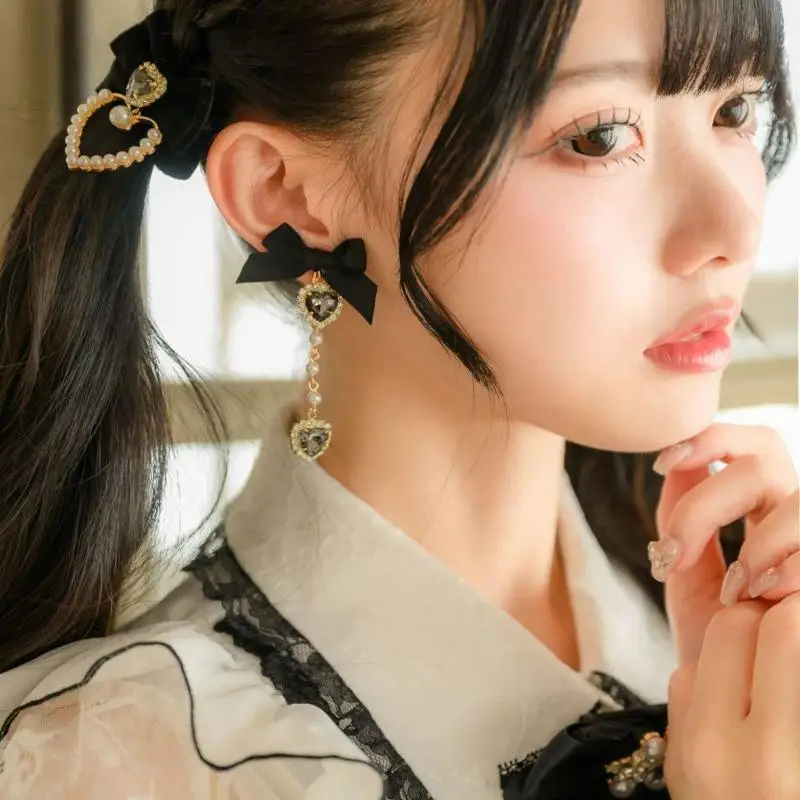 라인 석이있는 로리타 JK 스타일 귀걸이 달콤한 수제 활 진주 체인 여성 귀걸이 귀걸이 925 실버 바늘 클립