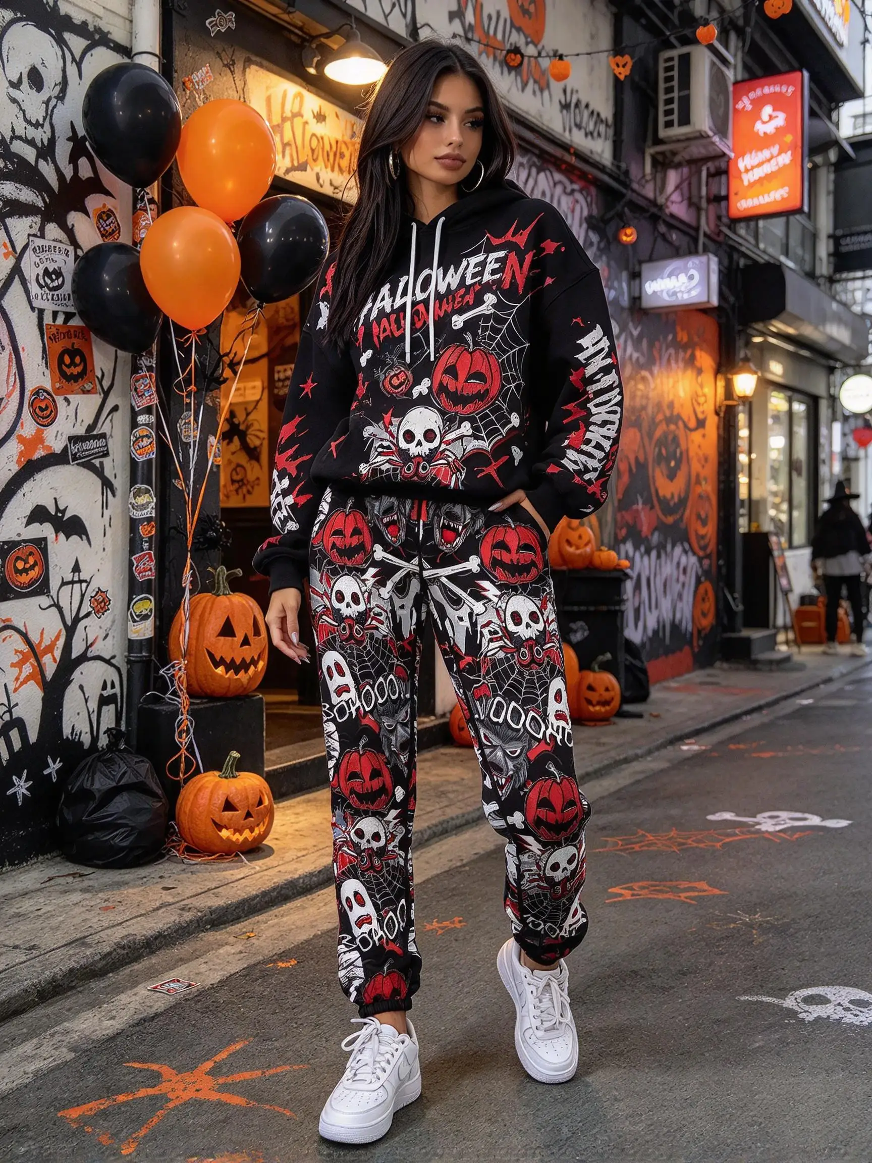Women Halloween Pumpkin Skull Hooded Tracksuit, Graphic Hoodie & Cuffed Jogger Pants 2 Piece Outfit