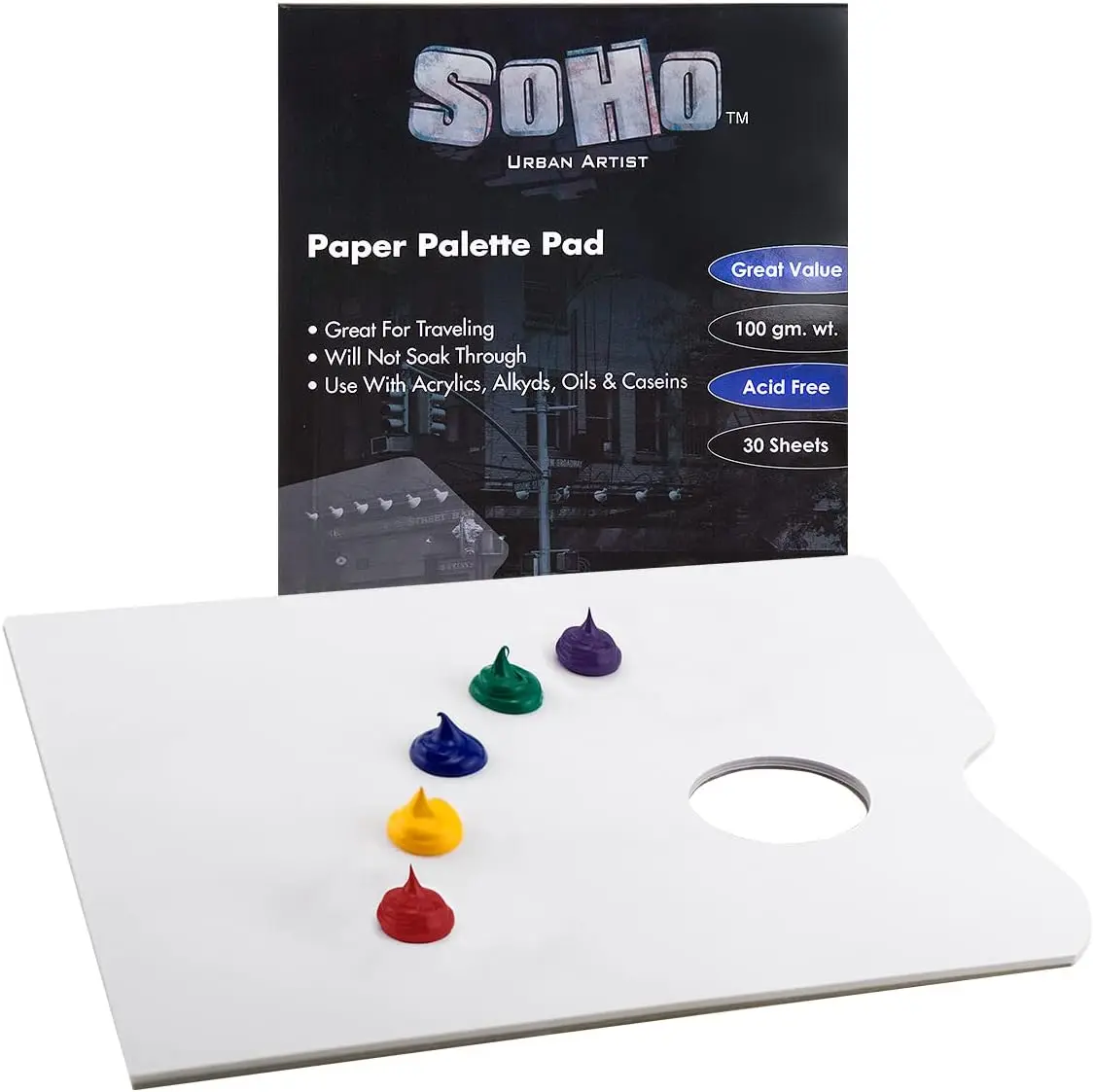 

Disposable White Paper Palette Pads - Thick Paper Palettes for Acrylics, Oils, Watercolors, & More! - with Tumb Hole - 1