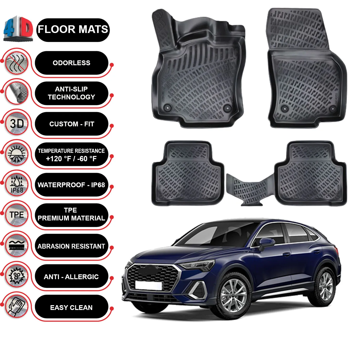 

Audi Q3 - (2018-2022) Floor Mats Liner Waterproof 3D - (Black)