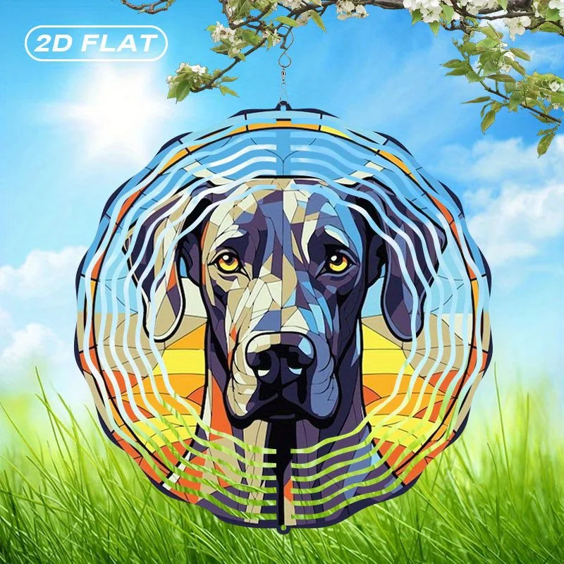 An aluminum 3D kinetic Great Dane dog wind spinner with a colorful stained glass style abstract print hanging in a patio setup.