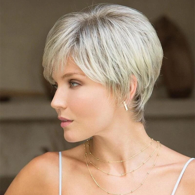 新しいヨーロッパとアメリカのスタイルの女性用ファッションウィッグ、グラデーションゴールデンショートストレートヘア、高温耐熱合成繊維ヘッドピース