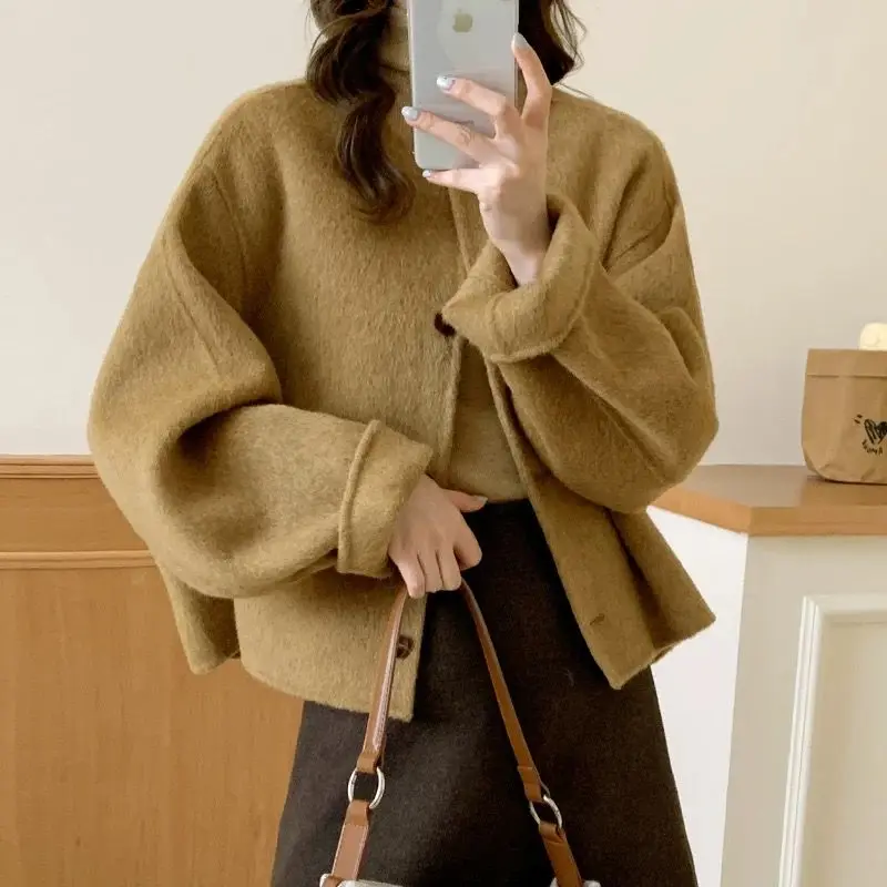 

Winter Clothes Women Korean Fashion Simple Chic Streetwear Woolen Coat Vintage Elegant Long Sleeve Loose Single-breasted Jacket