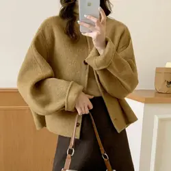 Winter Clothes Women Korean Fashion Simple Chic Streetwear Woolen Coat Vintage Elegant Long Sleeve Loose Single-breasted Jacket