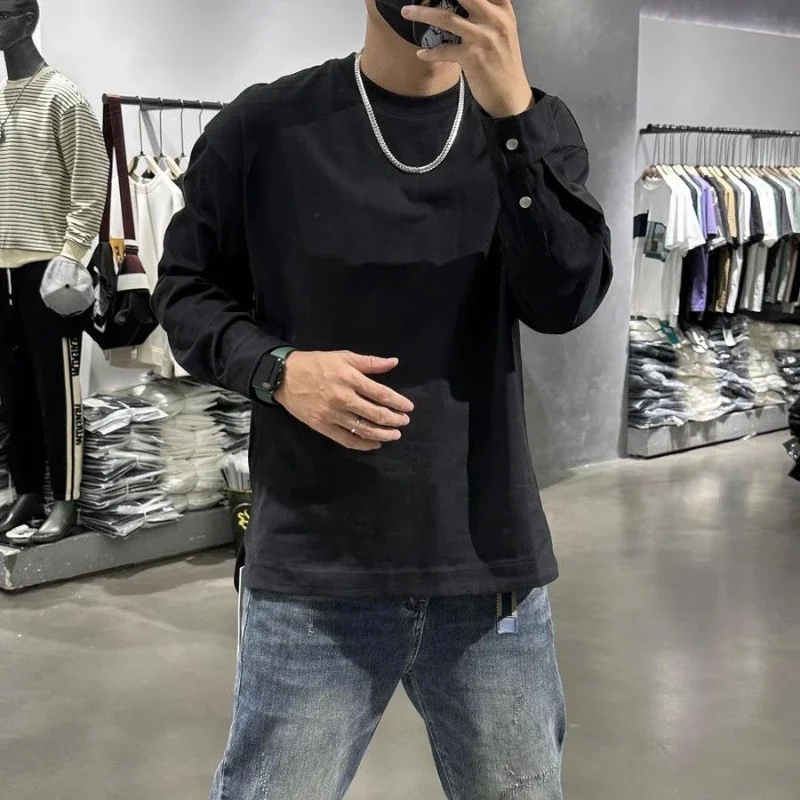 Men's Autumn Solid Color Long Sleeve T-Shirt Slim Fit Split Hem Button Cuff Casual Base Layer Top Pullover Tee