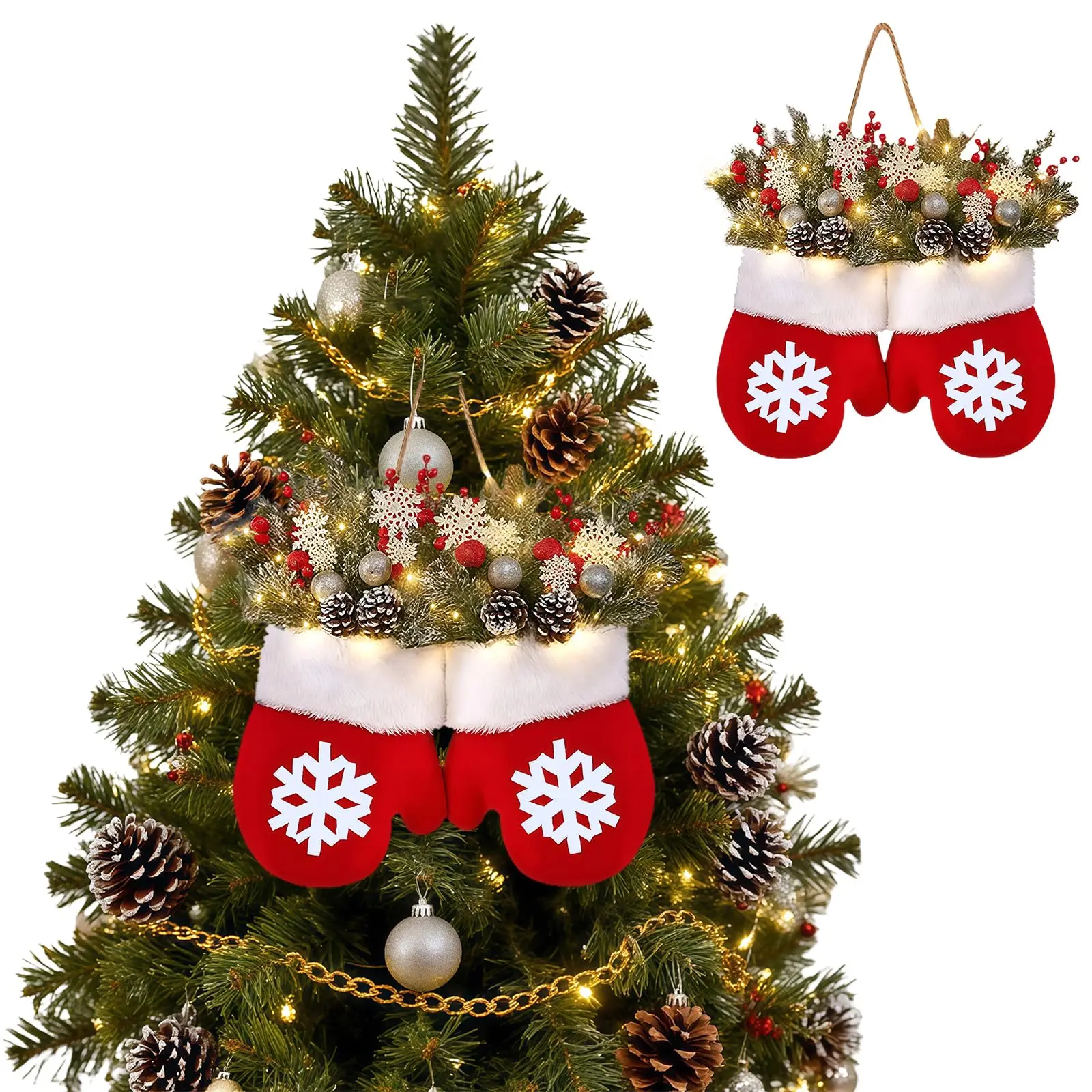 

Мерцающая рождественская варежка, венок, искусственные огни, гирлянды, украшения, светодиодные предварительно освещенные ягоды, сосновые ветки, подвесной орнамент