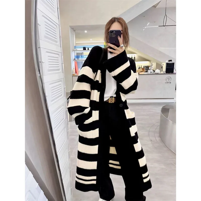 Black And White Stripe Over The Knee Long Sweater Coat Female Autumn And Winter New Korean Version Loose Casual Knitted Cardigan