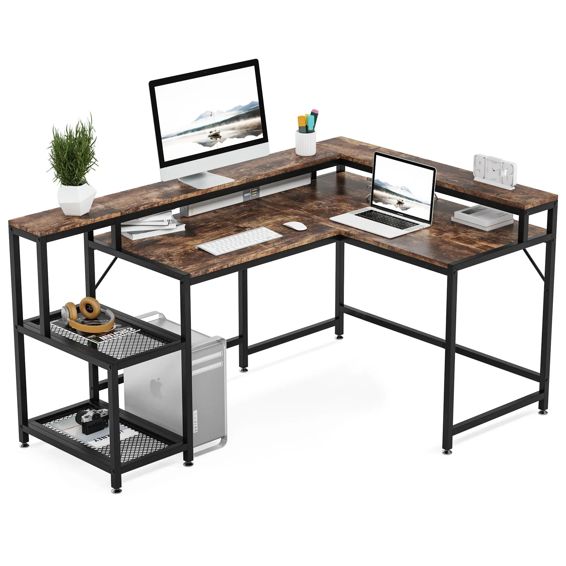 Tribesigns 69 Inch L Shaped Desk with Monitor Stand Large Reversible Corner Desk with Storage Shelf Industrial Computer Table