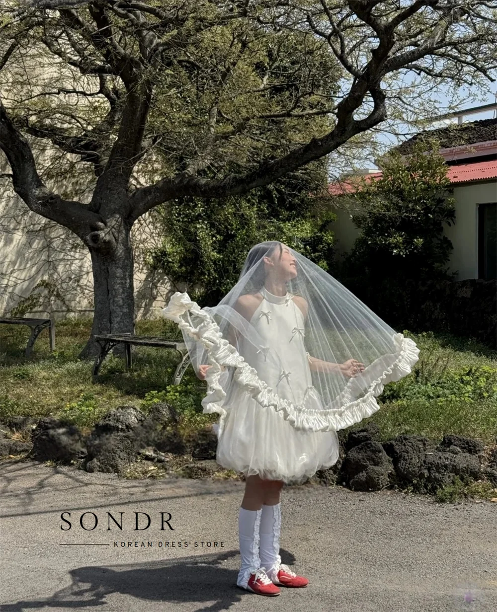 ชุดแต่งงานสั้นแบบเกาหลีผ้าซาตินผูกโบว์น่ารักสั่งตัดได้ สำหรับถ่ายรูป ชุดเจ้าสาวมินิ ชุดงานเลี้ยง ชุดรับรองแขก