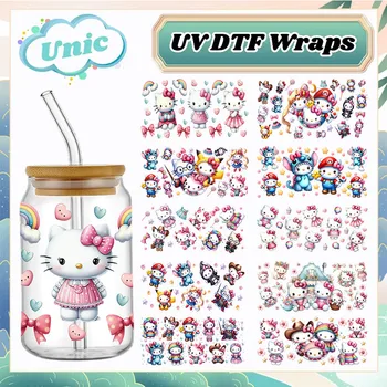 Sanrio Hello Kitty Stitch mit Freunden für Libbey 16oz Dose Glas 3D wasserdicht UV DTF Kaffee kann Libbey Glasfolie verpacken