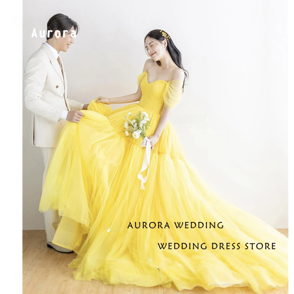 Fairy Yellow A Line Long Prom Dresses Korea Wedding Photoshoot Sweetheart Off Shoulder Sleeves Tiered Elegant Evening Gown