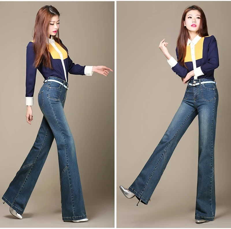 nieuwe herfst winter katoen plus size merk lange vrouwelijke dames meisjes hoge taille flare jeans